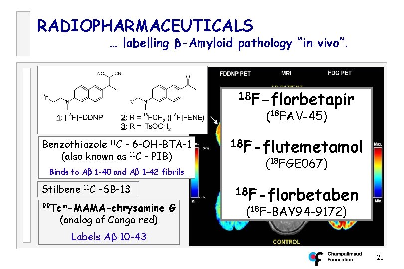 RADIOPHARMACEUTICALS … labelling β-Amyloid pathology “in vivo”. 18 F-florbetapir (18 FAV-45) Benzothiazole 11 C