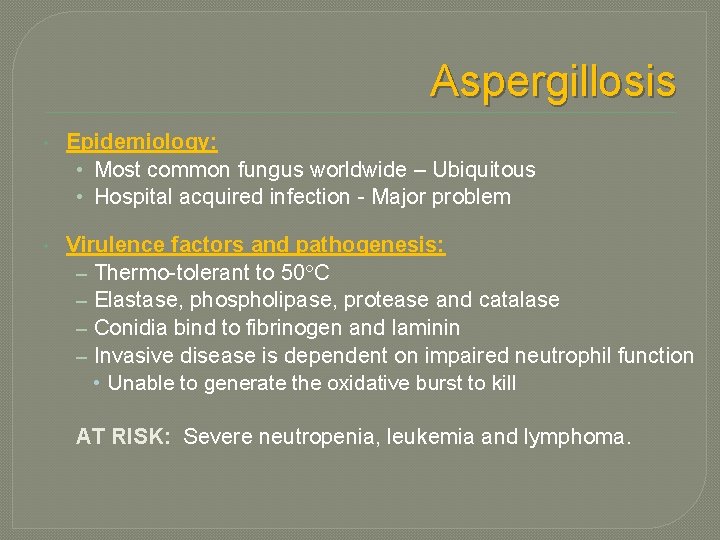 Aspergillosis • Epidemiology: • Most common fungus worldwide – Ubiquitous • Hospital acquired infection Aspergillosis • Epidemiology: • Most common fungus worldwide – Ubiquitous • Hospital acquired infection