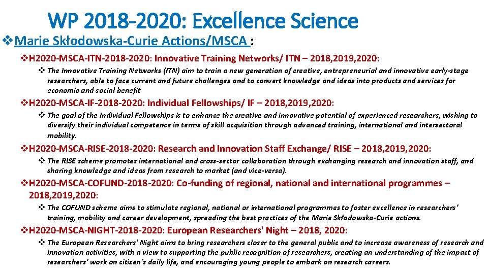 WP 2018 -2020: Excellence Science v. Marie Skłodowska-Curie Actions/MSCA : v. H 2020 -MSCA-ITN-2018