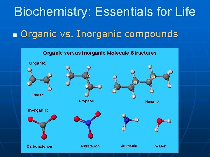 Biochemistry: Essentials for Life n Organic vs. Inorganic compounds 