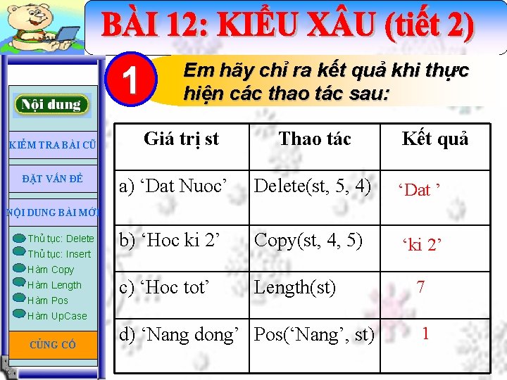 1 KIỂM TRA BÀI CŨ ĐẶT VẤN ĐỀ Em hãy chỉ ra kết quả