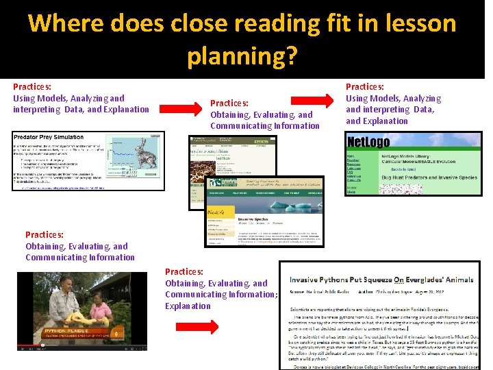 Where does close reading fit in lesson planning? Practices: Using Models, Analyzing and interpreting