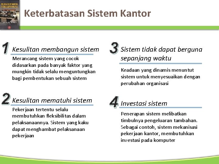 Keterbatasan Sistem Kantor tidak dapat berguna 1 Kesulitan membangun sistem 3 Sistem sepanjang waktu