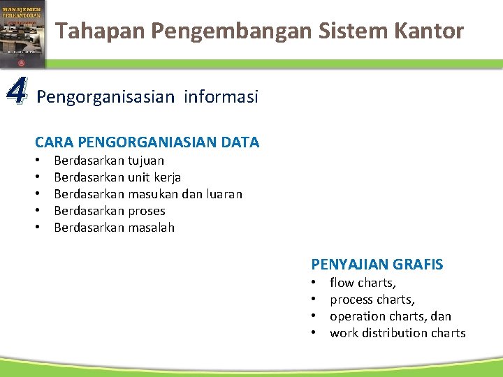 Tahapan Pengembangan Sistem Kantor 4 Pengorganisasian informasi CARA PENGORGANIASIAN DATA • • • Berdasarkan