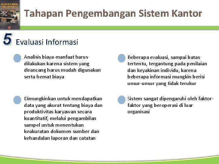 Tahapan Pengembangan Sistem Kantor 5 Evaluasi Informasi Analisis biaya-manfaat harus dilakukan karena sistem yang