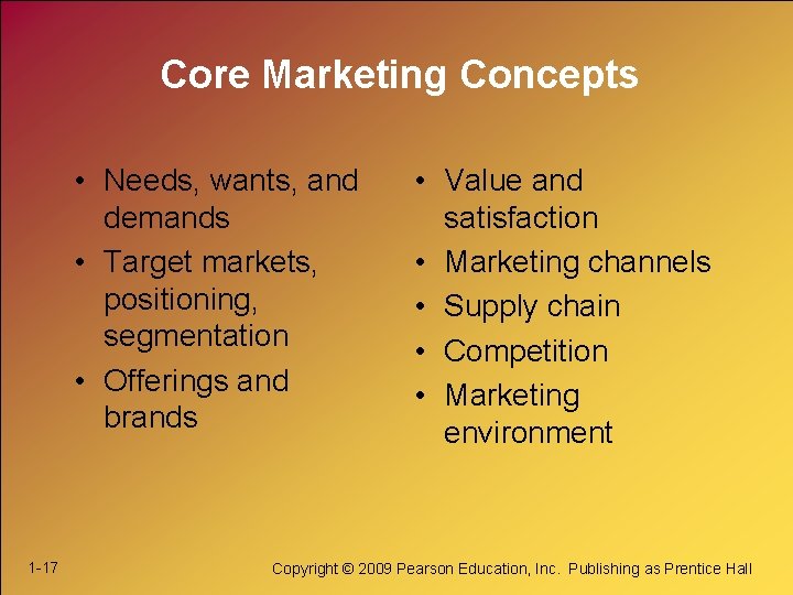 Core Marketing Concepts • Needs, wants, and demands • Target markets, positioning, segmentation •