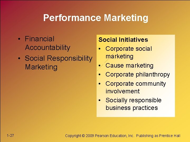 Performance Marketing • Financial Social Initiatives Accountability • Corporate social marketing • Social Responsibility