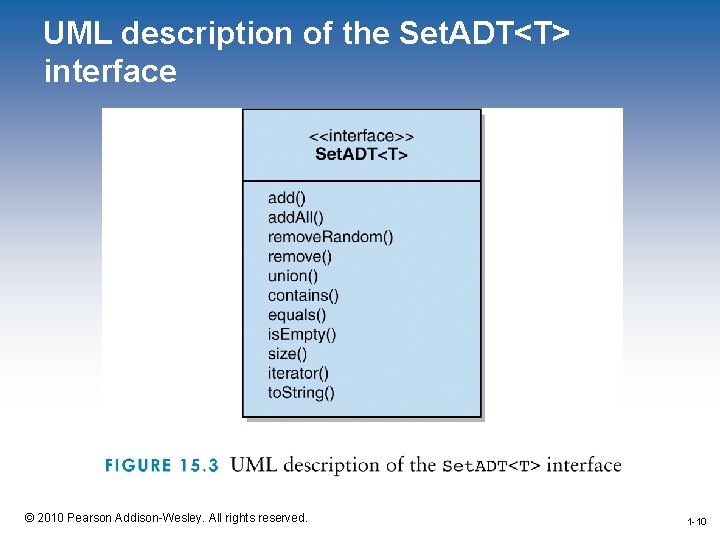 UML description of the Set. ADT<T> interface 1 -10 © 2010 Pearson Addison-Wesley. All