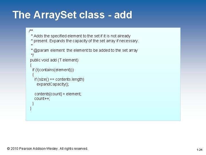 The Array. Set class - add /** * Adds the specified element to the
