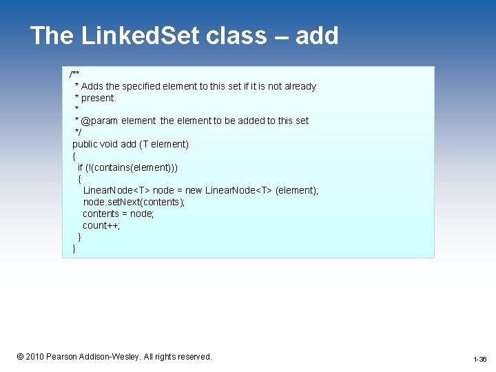 The Linked. Set class – add /** * Adds the specified element to this