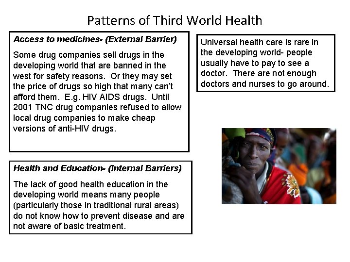 Patterns of Third World Health Access to medicines- (External Barrier) Some drug companies sell