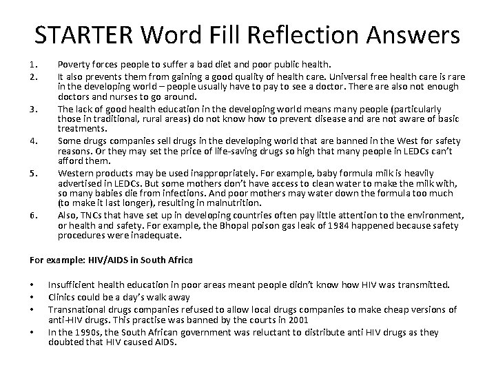 STARTER Word Fill Reflection Answers 1. 2. 3. 4. 5. 6. Poverty forces people