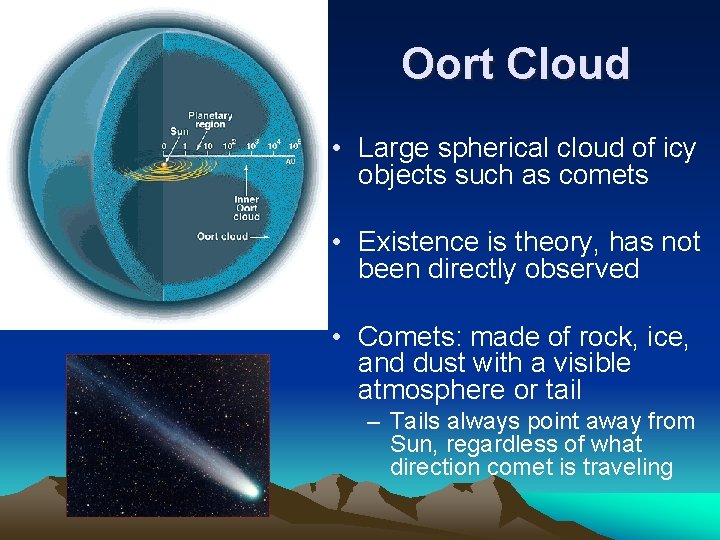 Oort Cloud • Large spherical cloud of icy objects such as comets • Existence