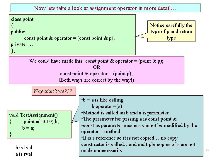 Now lets take a look at assignment operator in more detail… class point {