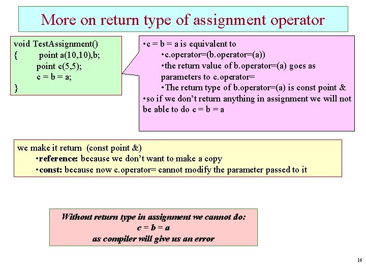 More on return type of assignment operator void Test. Assignment() { point a(10, 10),