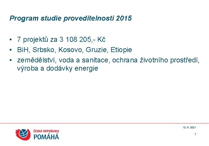 Program studie proveditelnosti 2015 • 7 projektů za 3 108 205, - Kč •