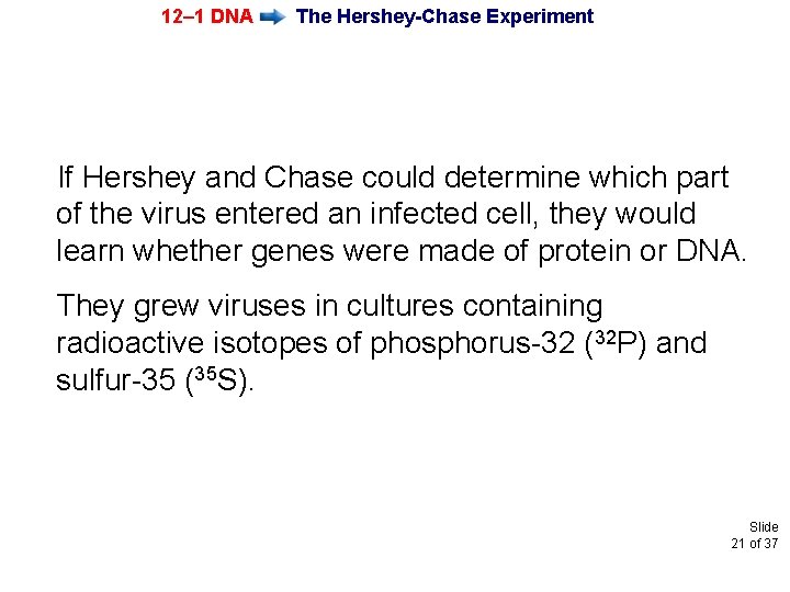 12– 1 DNA The Hershey-Chase Experiment If Hershey and Chase could determine which part