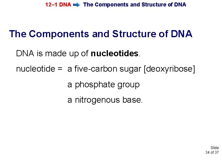 12– 1 DNA The Components and Structure of DNA is made up of nucleotides.