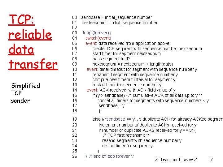 TCP: reliable data transfer Simplified TCP sender 00 sendbase = initial_sequence number 01 nextseqnum