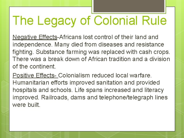 The Legacy of Colonial Rule Negative Effects-Africans lost control of their land independence. Many