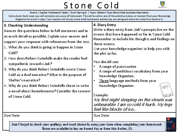 Stone Cold Year 8 | English Homework Tasks | Term: Spring 2 | Topic: