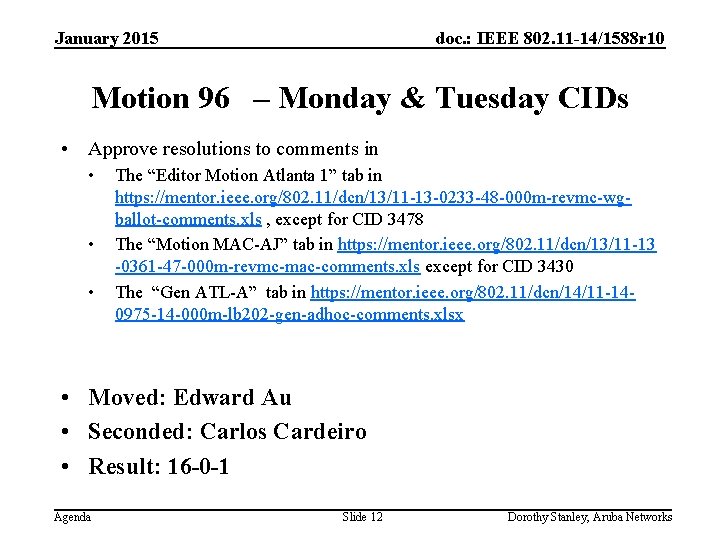 January 2015 doc. : IEEE 802. 11 -14/1588 r 10 Motion 96 – Monday