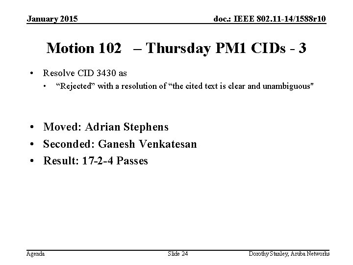 January 2015 doc. : IEEE 802. 11 -14/1588 r 10 Motion 102 – Thursday