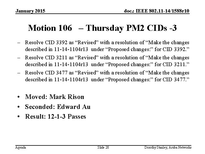 January 2015 doc. : IEEE 802. 11 -14/1588 r 10 Motion 106 – Thursday