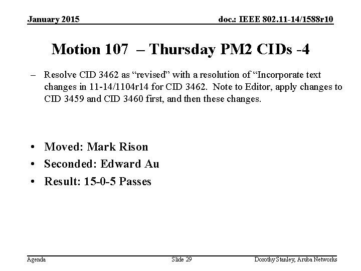 January 2015 doc. : IEEE 802. 11 -14/1588 r 10 Motion 107 – Thursday