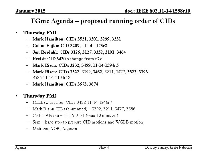 January 2015 doc. : IEEE 802. 11 -14/1588 r 10 TGmc Agenda – proposed