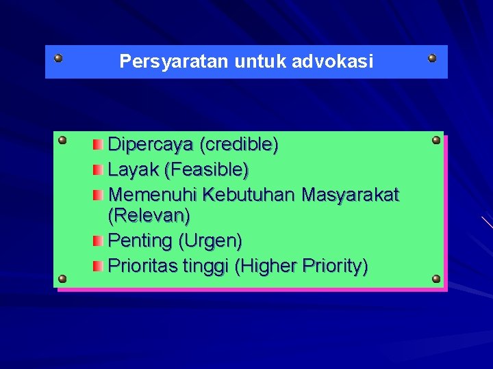 Persyaratan untuk advokasi Dipercaya (credible) Layak (Feasible) Memenuhi Kebutuhan Masyarakat (Relevan) Penting (Urgen) Prioritas