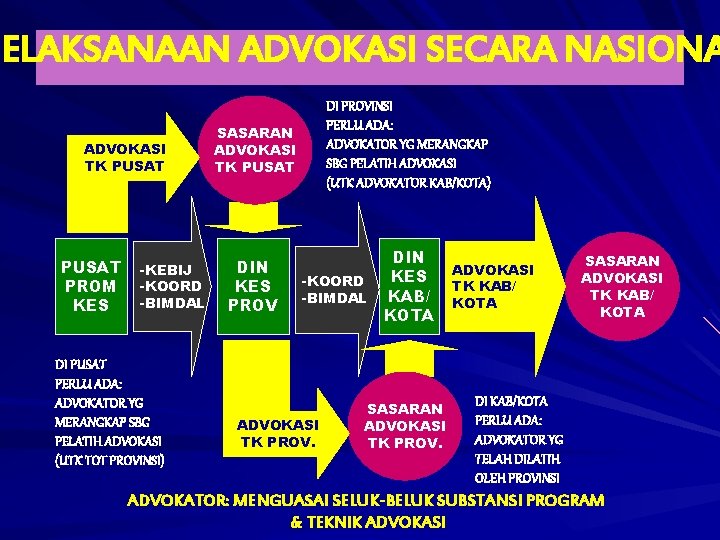 PELAKSANAAN ADVOKASI SECARA NASIONA ADVOKASI TK PUSAT PROM KES -KEBIJ -KOORD -BIMDAL DI PUSAT