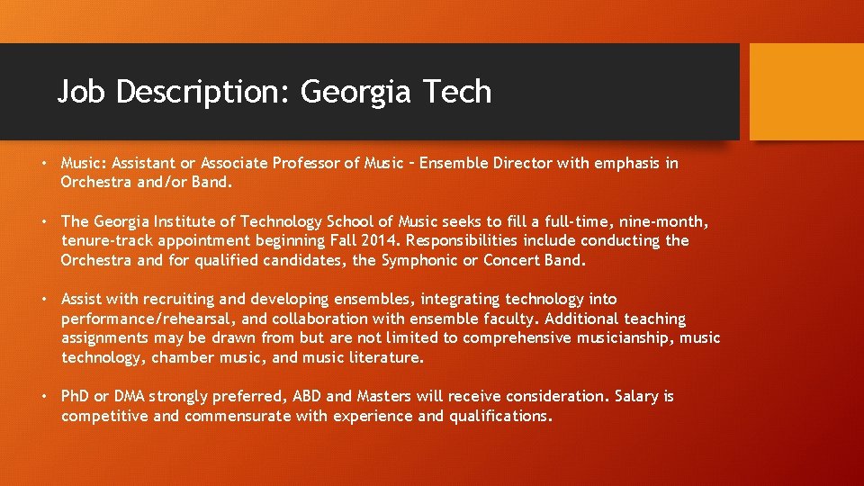 Job Description: Georgia Tech • Music: Assistant or Associate Professor of Music – Ensemble Job Description: Georgia Tech • Music: Assistant or Associate Professor of Music – Ensemble