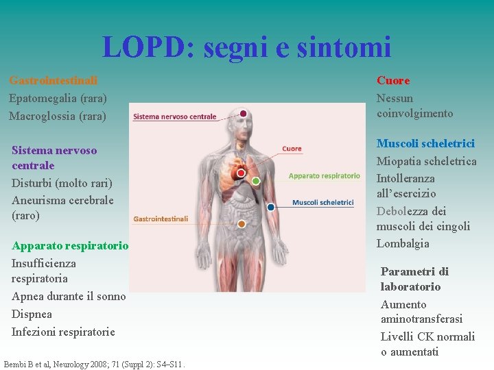 LOPD: segni e sintomi Gastrointestinali Epatomegalia (rara) Macroglossia (rara) Sistema nervoso centrale Disturbi (molto