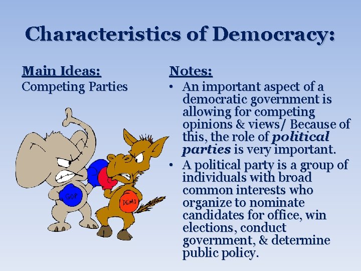 Characteristics of Democracy: Main Ideas: Competing Parties Notes: • An important aspect of a