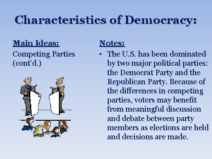 Characteristics of Democracy: Main Ideas: Competing Parties (cont’d. ) Notes: • The U. S.