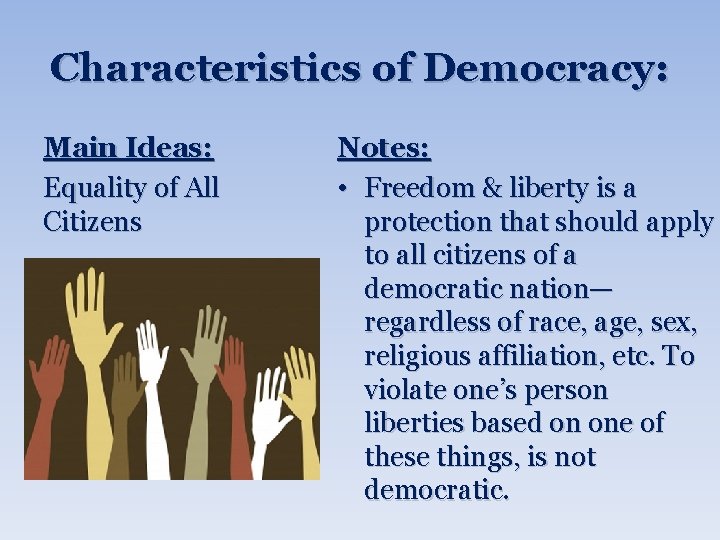 Characteristics of Democracy: Main Ideas: Equality of All Citizens Notes: • Freedom & liberty