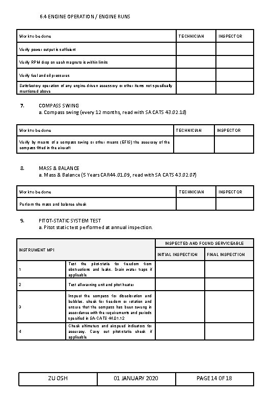 6. 4 ENGINE OPERATION / ENGINE RUNS Work to be done TECHNICIAN INSPECTOR Verify