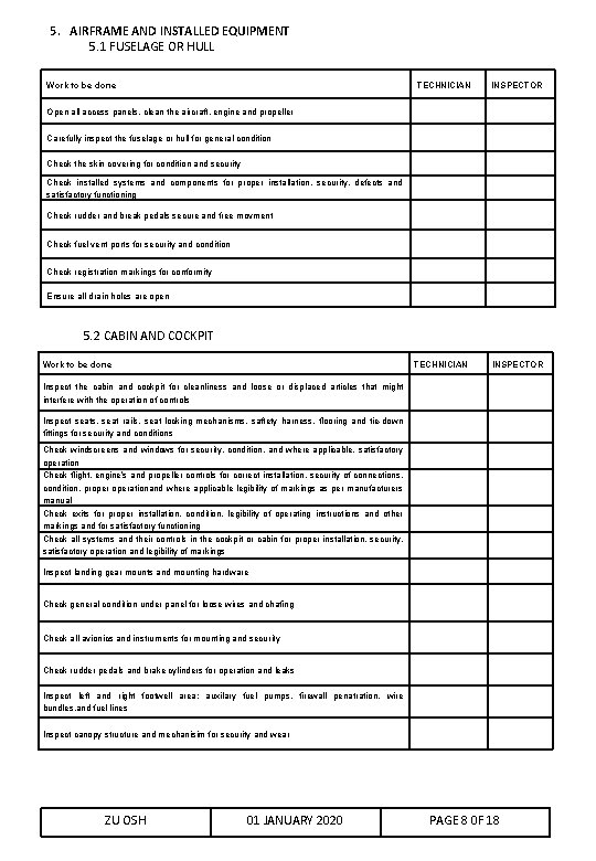 5. AIRFRAME AND INSTALLED EQUIPMENT 5. 1 FUSELAGE OR HULL Work to be done