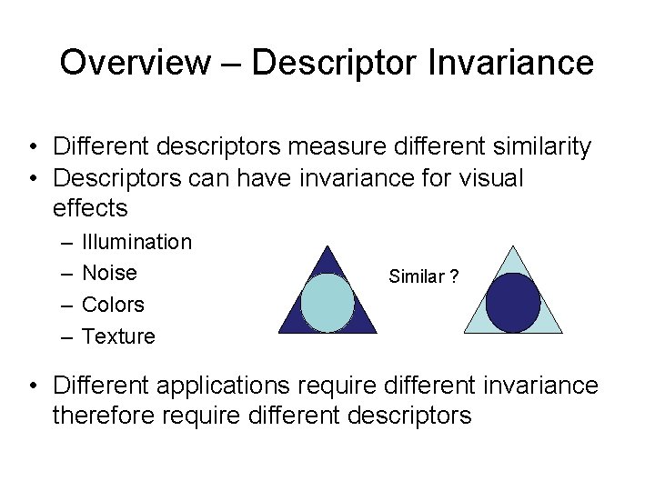 Overview – Descriptor Invariance • Different descriptors measure different similarity • Descriptors can have