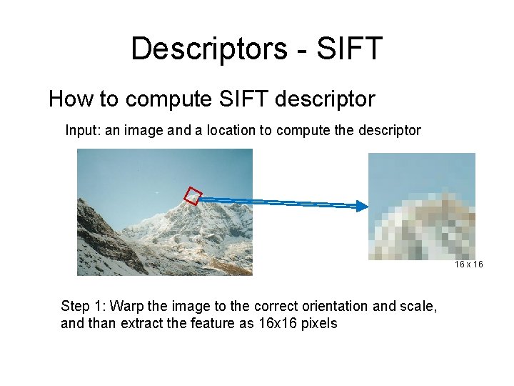 Descriptors - SIFT How to compute SIFT descriptor Input: an image and a location