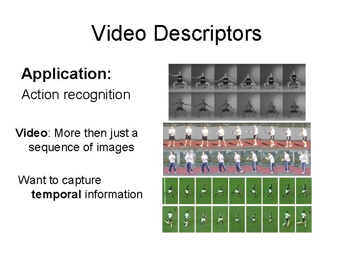 Video Descriptors Application: Action recognition Video: More then just a sequence of images Want