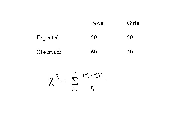 Boys Girls Expected: 50 50 Observed: 60 40 2 k = i=1 (fo -