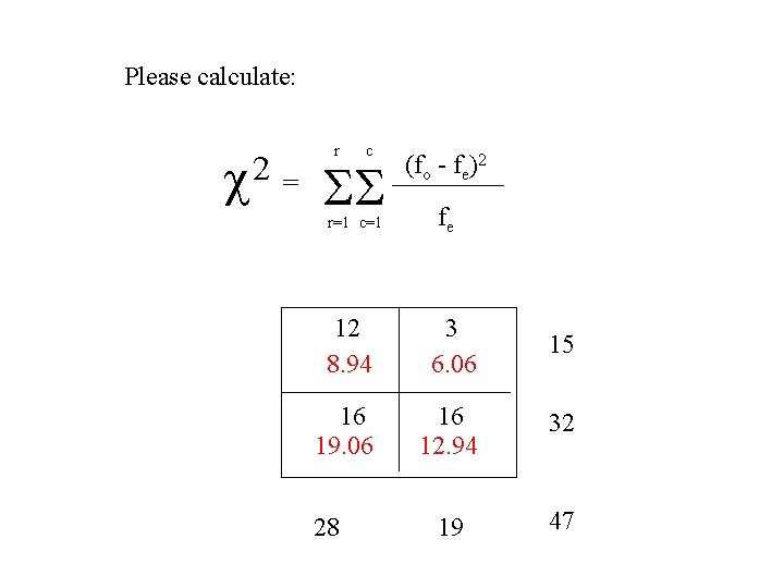 Please calculate: r c 2 = r=1 c=1 (fo - fe)2 fe 12 8.