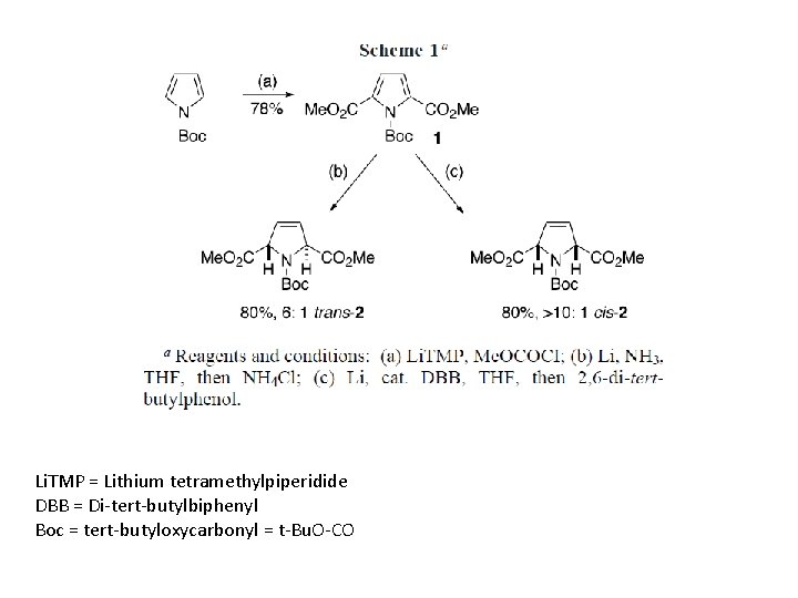 Li. TMP = Lithium tetramethylpiperidide DBB = Di-tert-butylbiphenyl Boc = tert-butyloxycarbonyl = t-Bu. O-CO