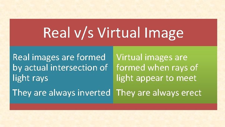 Real v/s Virtual Image Real images are formed by actual intersection of light rays