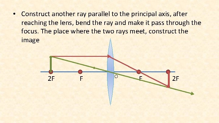  • Construct another ray parallel to the principal axis, after reaching the lens,