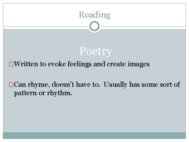 Reading Poetry �Written to evoke feelings and create images �Can rhyme, doesn’t have to.