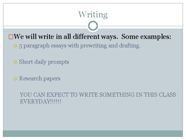 Writing �We will write in all different ways. Some examples: 5 paragraph essays with