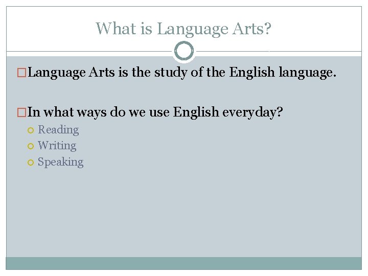 What is Language Arts? �Language Arts is the study of the English language. �In